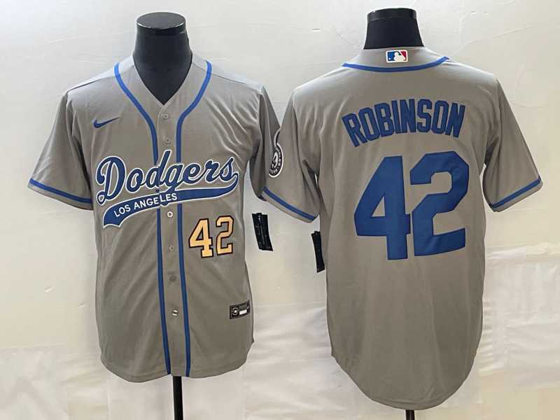 Mens Los Angeles Dodgers #42 Jackie Robinson Number Grey With Patch Cool Base Stitched Baseball Jersey